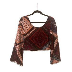 Womens MINK PINK Crop Top Shirt  Multi Color Bell Sleeve Pom Pom Small Hippy